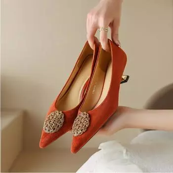 Commuter High Heels Women s 2024 Spring Autumn New Soft Leather Pointed Metal Buckle Shallow Mouth Single Shoe Women Shoes 34 чёрный