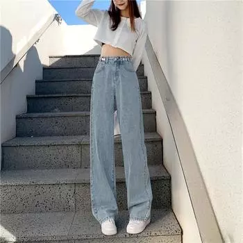 Commuter high waist wide leg jeans women s autumn and winter new small thin loose straight mopping jeans S