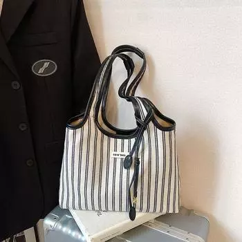 Commuter Large Capacity Stripe Canvas Bag Women 2025 New Versitile Fashion Shoulder Bag Go out to Work Tote Bag Black