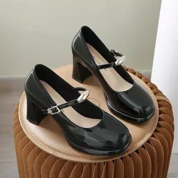 Commuter Mary Jane single shoes high heels women s new one-word thick heel women s shoes temperament shallow mouth wholesale 34