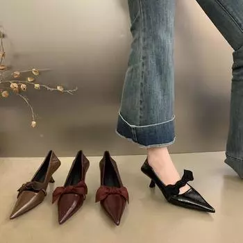 Commuter style burgundy pointed high heels women s 2024 spring and autumn new fashion bow thin heel light mouth single shoes 34 чёрный