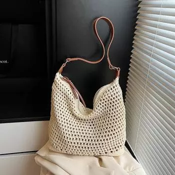 Commuter vacation straw woven bag women s spring new shoulder messenger bag hollow woven tote bag бежевый
