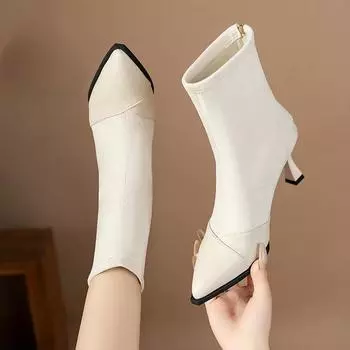 Commuting Fashion Women s Boots 2024 Autumn/Winter New Silk Pointed Short Leg Boots Thin Heel Sleeve Elastic Women s Boots 35 чёрный