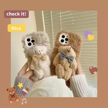 Compatible with Apple 15 Pro Plus and 16 Pro Max, Cute Cartoon Rex Rabbit Fur Bow Tie Bear Case, Anti-Fall, Fits iPhone 13 & 14. iPhone 14