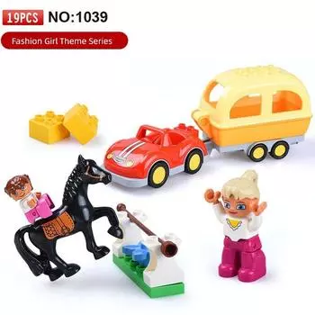 Compatible with Domestic Building Blocks Girls Large Particles Assemble 1-2-3-6 Birthday Party Kids Educational Toys Doll House House Equestrian training (19 particles color box)