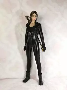 Совместимо с телом TBLeague для масштабной фигурки DMTOYS Красивая женщина, сексуальный черный кожаный комбинезон с длинными рукавами и открытой грудью, обувь