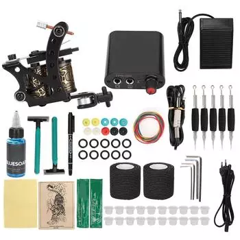 Complete 8 Wraps Tattoo Coil Machine Kit Tattoo Blue Soap Solution Mini Tattoo Power Supply Kit EU Plug