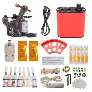 Complete Tattoo Coil Machine Kit Red Tattoo Power Supply Foot Pedal Clip Cord Tattoo Tool Set US Plug