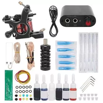 Complete Tattoo Machine Kit Power Supply Needles Tips Handles Tattoo Supplies for Beginners US Plug