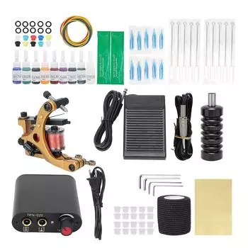 Complete Tattoo Shader Machine Set Mini Tattoo Power Supply 10 Wraps Tattoo Coil Machine for EU Plug