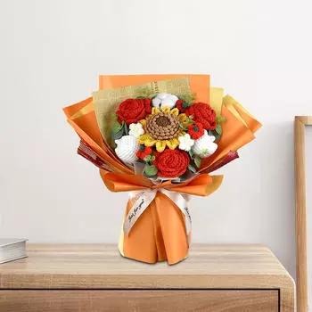 Completed Crochet Flower Bouquet Artificial Sunflower Party Faux Home Handmade Knitted for оранжевый