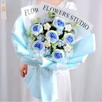 Completed Crochet Flowers Bouquet Artificial Flower Home Decor Handmade Knitted for синий
