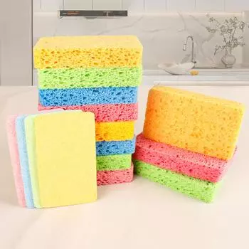 Compressed Wood Pulp Cotton Sponge Wipe Kitchen Natural Wood Paddle Dishwashing Artifact Wood Pulp Cotton Brush Dishcloth Rag Towel 10pcs