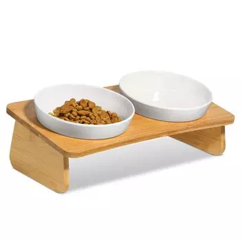 ComSaf Cat with Bamboo Melasin Shallow Wide Mouth Capacity Cat Food Easy to Cat Food White Tableware, Slanted, Stand, Resin, Type, 140g, Dish, Eat,