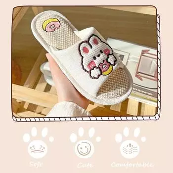 Comwarm Cute Cartoon Slippers For Women Summer Linen Woman s Slippers Men Falt Flip Flops Indoor Home Non-Slip Cotton Slippers 36-37(fit35-36)