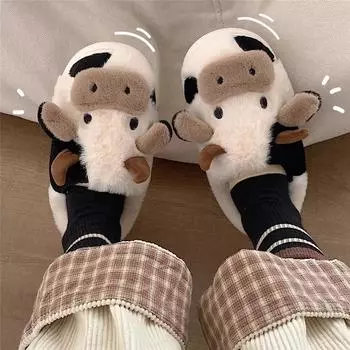 Comwarm Cute Furry Slipper For Women Girls Winter Fashion Milk Cow Fluffy Warm Slippers Woman Cartoon Animal Home Cotton Shoes 38-39(Fit 37-38)