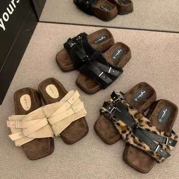 Comwarm Winter Fluffy Fur Slippers Women Fashion Leopard Buckle Slippers Open Toe Flats Cotton Shoes Comfort Outdoor Slippers 35