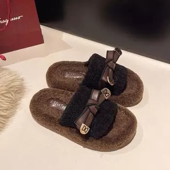 Comwarm Winter Fluffy Fur Slippers Women Fashion Plush Fuzzy Slippers Indoor Open Toe Flats Cotton Shoes Comfort House Slippers 40 хаки