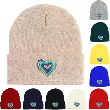 Concentric Colorful Heart Winter Knitted Cap Beanie, Skullies Beanies Stretchy Autumn Headwear Bonnet Knit Hat Beanie as the picture чёрный