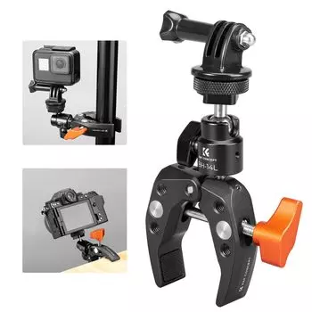 Concept MS26 Camera Super Clamp Mini с шаровой головкой и резьбовым отверстием, с холодным башмаком, совместимым с держателем телефона K&F Mount, 1/4 -20 Flash/DSLR чёрный