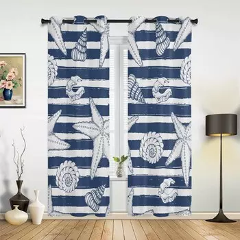 Раковины, морские звезды, полоски, текстура, занавески для гостиной, спальни, современные кухонные жалюзи, шторы, занавески 135W x 60H(cm) x1