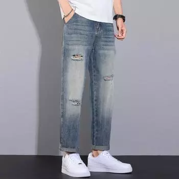 Conical Jeans Men s Loose Straight Wash American Ripped Versatile Trousers 28
