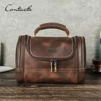 CONTACT S Мужские косметички из натуральной кожи, винтажная большая сумка для туалетных принадлежностей, портативные сумки для стирки, косметички, мужские дорожные сумки-органайзер кофейный