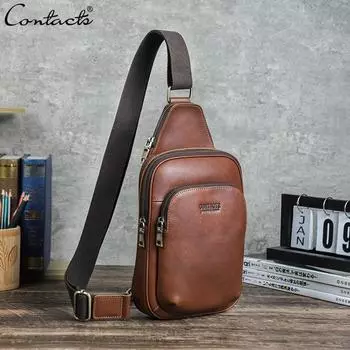 CONTACT S нагрудная сумка из натуральной кожи, повседневная сумка через плечо, дорожный рюкзак на плечо, мужская кожаная многофункциональная сумка коричневый