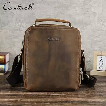 CONTACT S Натуральная кожа Мужские винтажные сумки Сумка Дорожная сумка-слинг Повседневная сумка-мессенджер для мужчин Модная сумка через плечо кофейный