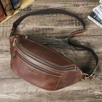 CONTACT S Поясные сумки из натуральной кожи для мужчин Поясные сумки Сумки через плечо Нагрудные сумки с карманом для телефона Мужские дорожные поясные сумки для iPad Mini 8,3 дюйма коричневый