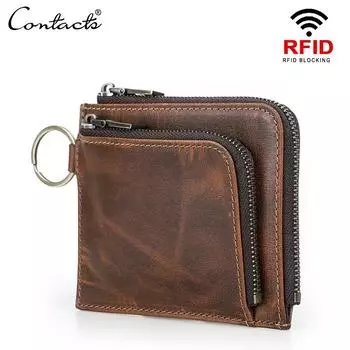 CONTACT S Тонкий кошелек из натуральной кожи для мужчин, кожаный мини-кошелек с RFID-меткой и брелоком для ключей, мужской кошелек для денег кофейный