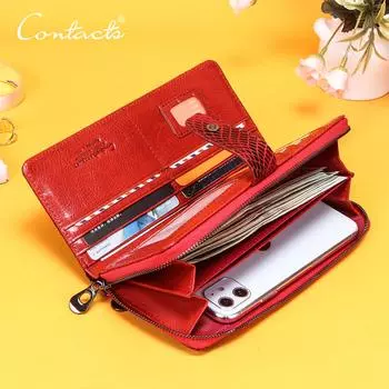 CONTACT S женский удлинённый бумажник из натуральной кожи с отделениями для визиток, монет и мобильного телефона красный