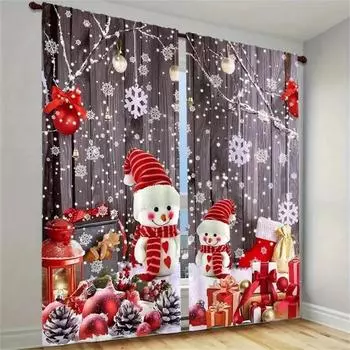 Contemporary Christmas Cartoon Snowman Curtains - 2pc Set Festive Digital Print, Machine Washable, Holiday Decor Living room W65X60H(cm)X2Pcs&Hook