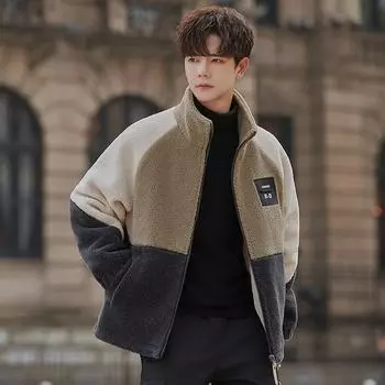 Contrast Color Anti-lamb Wool Jacket Male Winter Adolescent Student New Granular Velvet Padded Jacket Clothes Thickened L