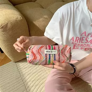 Contrast color rainbow stripe canvas shoulder handbag large capacity shopping bag woolen women s bag