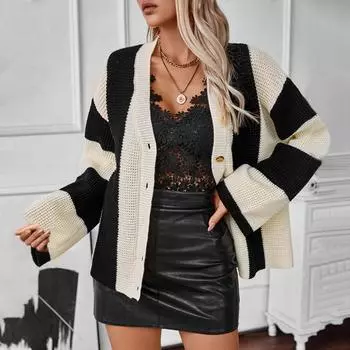 Contrast Color Striped Women s Sweater Cardigan Autumn and Winter Casual Loose Women s Sweater S оранжевый