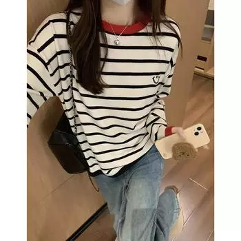 Contrast striped smiley face print right shoulder round neck long sleeve sweater for women autumn inner loose slimming bottoming shirt top One Size