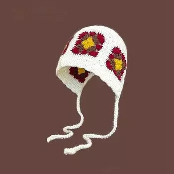 Contrasting color grandmother flower wool hat women s autumn and winter versatile face little famous style handmade crochet ear protection knitted hat M56-58cm