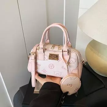 Contrasting color portable women s bag summer embossed niche high-end bowling bag versatile messenger bag розовый