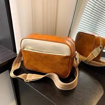 Contrasting color splicing retro simple embroidery thread shoulder bag 2024 new trendy foreign style broadband messenger personalized small square bag чёрный