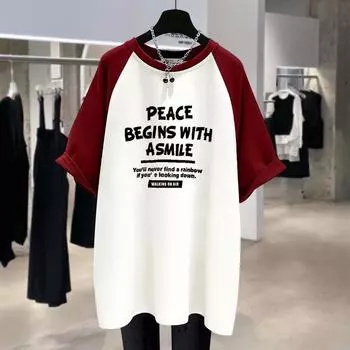 Contrasting Medium-length New Summer Casual Letters Large Version Loose Rag-sleeved Short-sleeved T-shirt for Women M