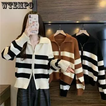 Женский вязаный топ в контрастную полоску с воротником-поло и застежкой-молнией «Ленивый ветер» в стиле ретро;весенний стиль S