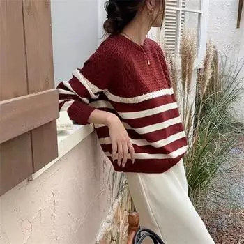Контрастные полосы Ленивый ветер свободный вязаный свитер женский осень и зима новый корейский универсальный пуловер женский вязаный топ One Size