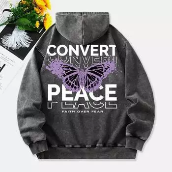 Convert Peace Faith Over Fear Washed Hoodie Women Butterfly Print Cotton Pullover Pocket Warm Oversize Hoody Tops M