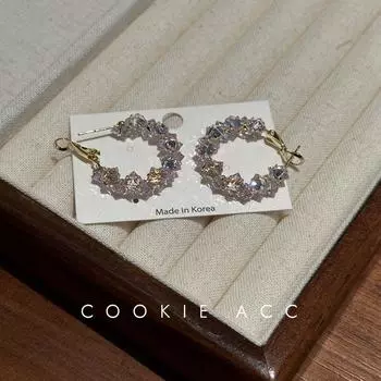 Cookie Ornament South Korea Flash Crystal Hoop Earrings Square and round Face Small Accessible Luxury Fancy 925 Silver Needle White drill