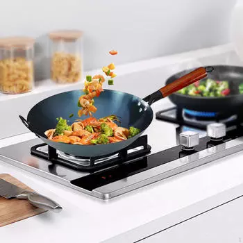 Cooking Wok with Wooden Handle Utensils Uncoated Pans 30cm