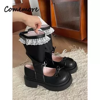 Крутые черные сапоги женские новые летние балетки с бантом, сложенные стопкой, полусапожки-бочонки с квадратным носком, дизайнерская брендовая обувь 35 белый