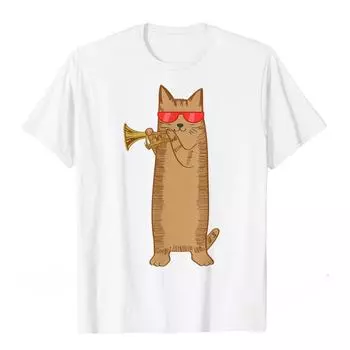 Cool Cat Blow Trumpet Wear Sunglasses Printed Pattern Top Teen Street Wear Women Unisex Can Be Daily Hip Hop Fashion T-shirt 4XL чёрный