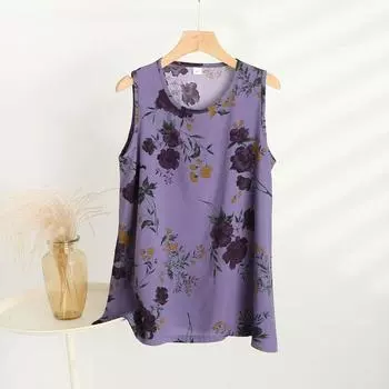 Cool Feeling Bourette Vest Women Summer Thin round Neck Sleeveless Top Plus size Loose Artificial Cotton Middle-aged Women Dress Bottoming Shirt Purple Jacquard 3XL (recommended 45.00 kg-67.50 kg