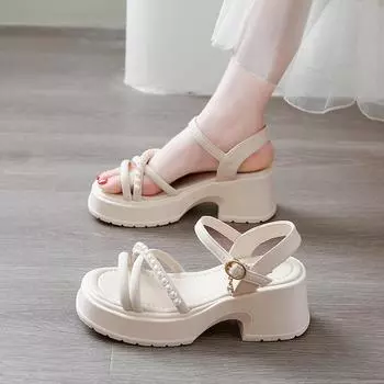Cool high heels women s summer skirt pearl small thick heel platform sandals 35